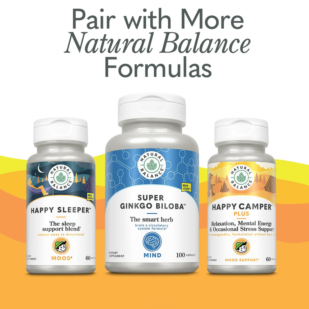 Natural Balance Happy Camper Plus - Supports Relaxation, Mental Energy, Occasional Stress w/KSM-66 Ashwagandha, L Theanine 200mg, Passion Flower, Lemon Balm, Holy Basil, 60-Day Guarantee, 30 Servings