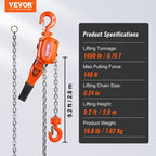 VEVOR Manual Lever Chain Hoist, 3/4 Ton 1650 lbs Capacity 10 FT Come Along, G80 Galvanized Carbon Steel with Weston Double-Pawl Brake, Auto Chain Leading & 360° Rotation Hook, for Garage Factory Dock