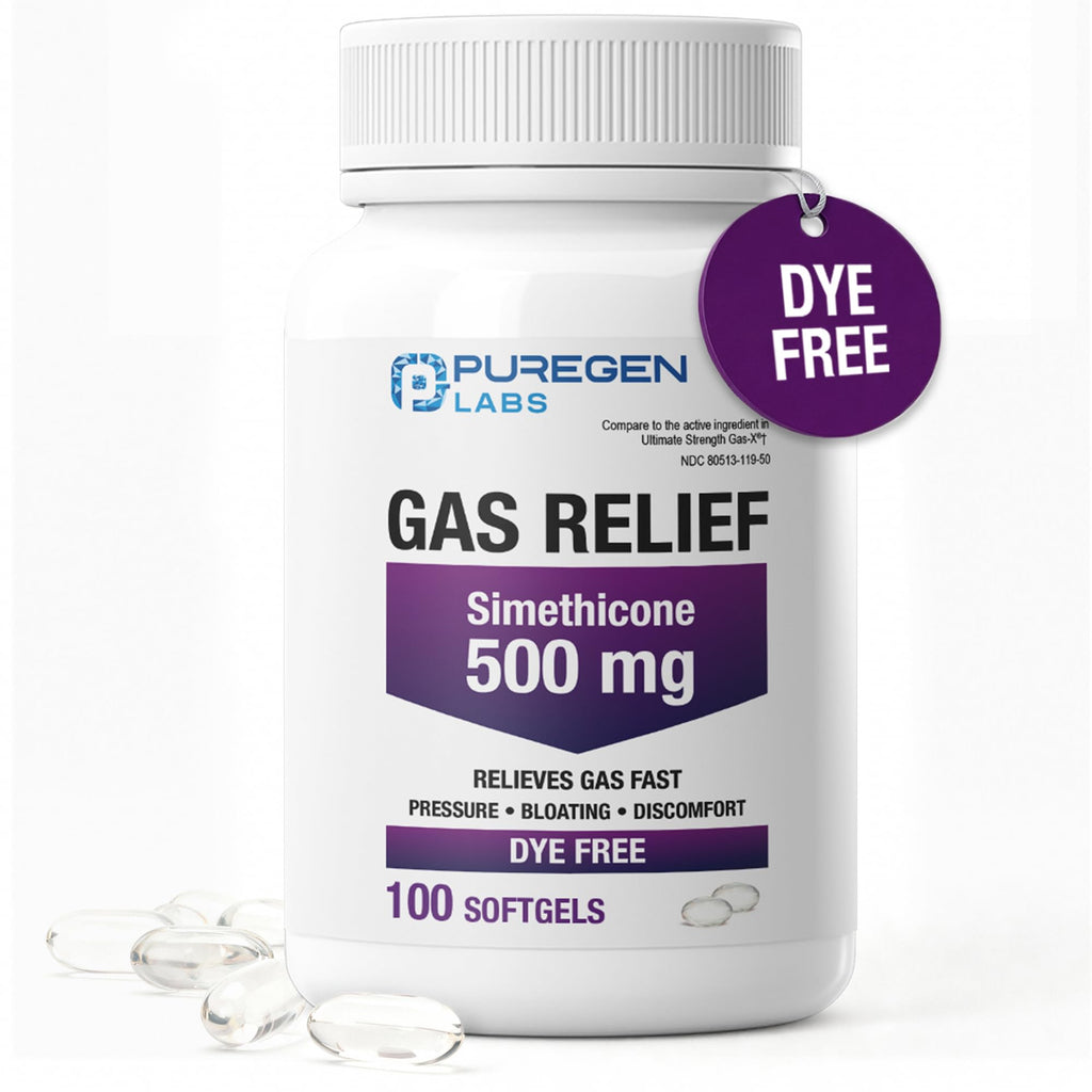 Puregen Labs Gas Relief Softgels with Simethicone 500 mg, Dye Free Formula, Fast Relief from Gas, Bloating & Pressure - 100 Softgels