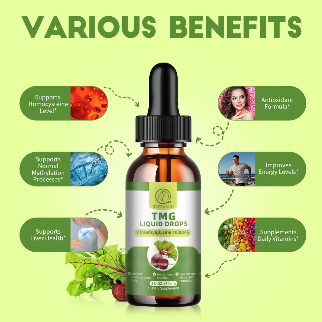 TMG Supplements 1000MG - Trimethylglycine Liquid Drops, Betaine High Absorption, Supports Methylation, Liver Wellness & Cognitive, Non-GMO, Vegan, Blood Orange Flavor, 2 Fl.Oz (2 Pack)