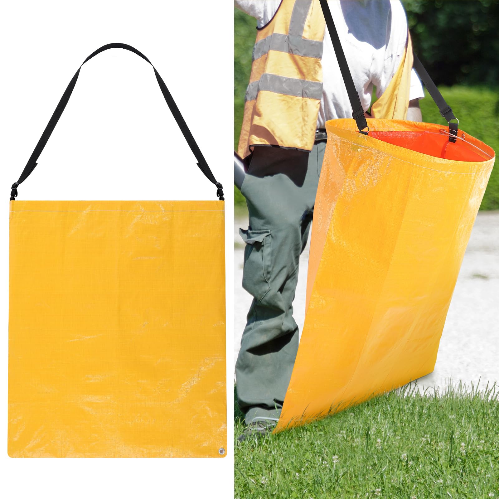 Faccito 1 Pack Litter Bag with Shoulder Strap Trash Pickup Bag Holder Lawn Leaf Chute Vinyl 4.45 Cubic Feet No Bending Portable Trash Picker Grabber for Patio Yard Garden (Yellow)