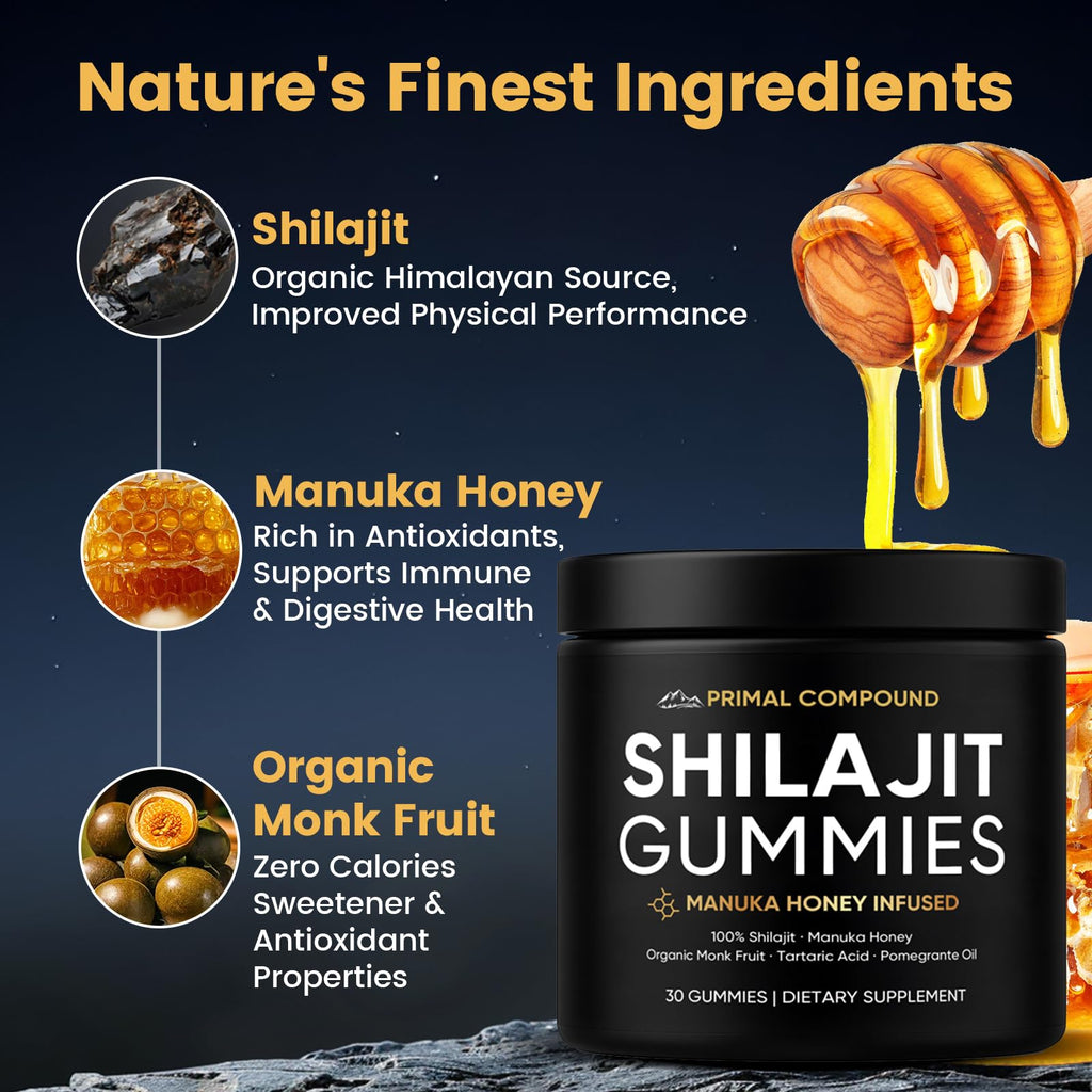 TOGOLIUN Primal Compound Shilajit Gummies for Men,with Manuka Honey, Organic Monk Fruit & Fulvic Acid, Shilajit Gummies Supplements, 30 Gummies