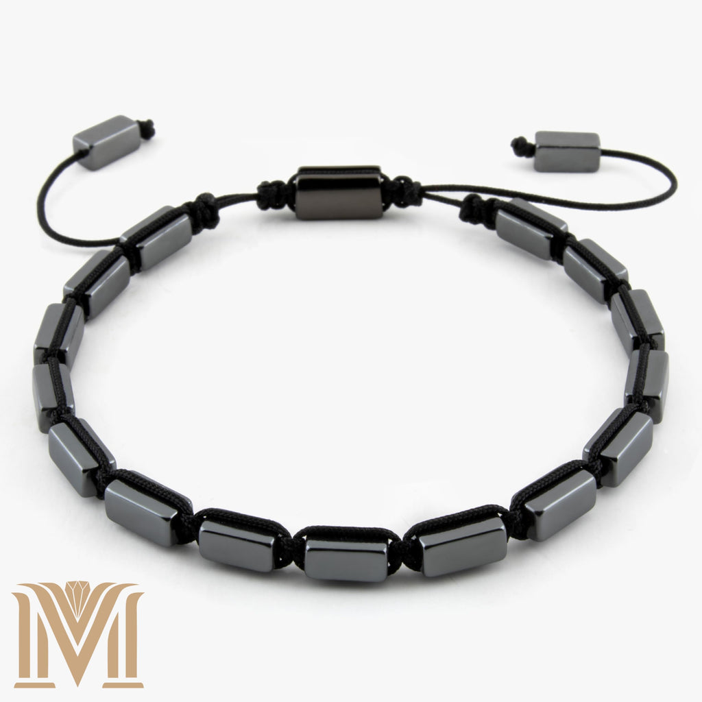 Mana Gallery Genuine Hematite Bracelet for Men & Women – Adjustable Macrame Sliding Knot – Metallic Gray Rectangular Beads – Minimalist Grounding & Protection