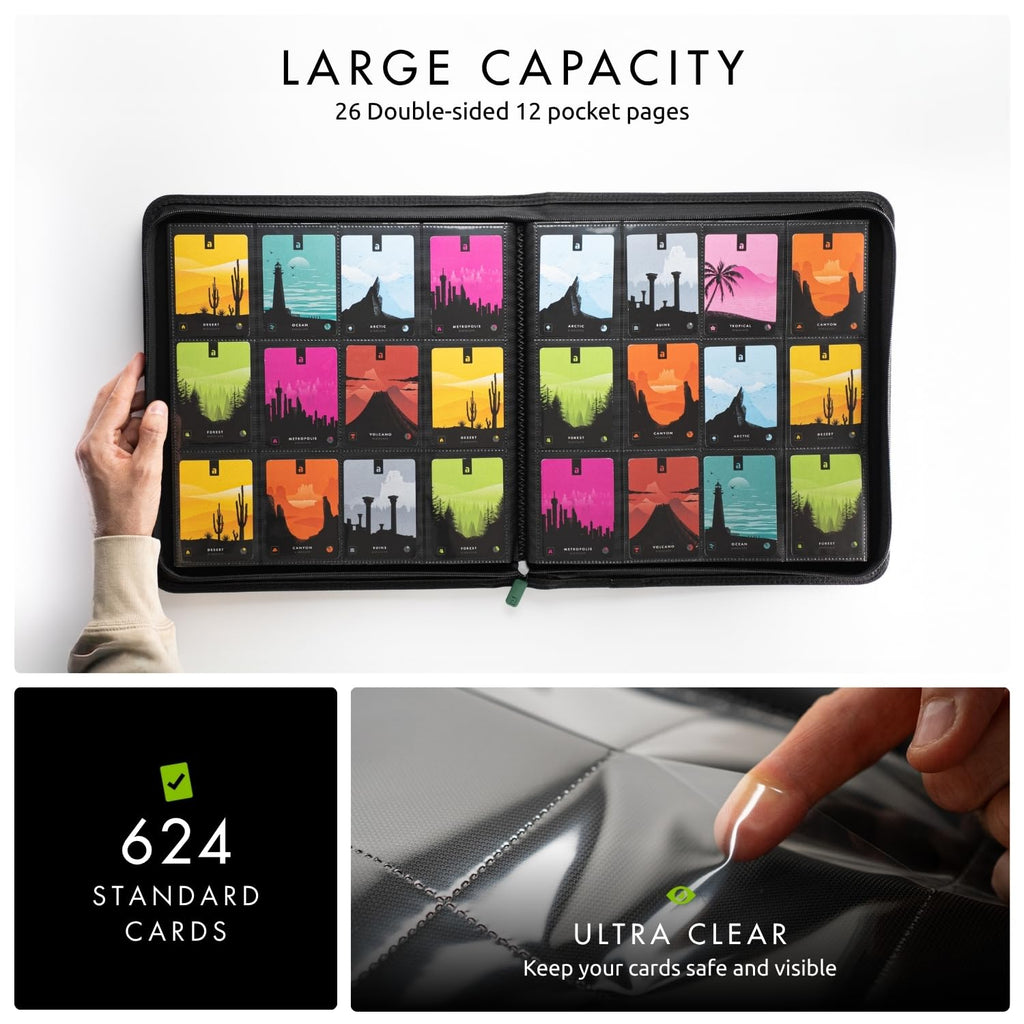 Vault X 12 XL Pocket Trading Card Zip Binder - 624 cards, Premium Exo-Tec Album Material, 26 Side-Loading Pages, Folder for Collectible Card Games, Sports, TCG (Green)
