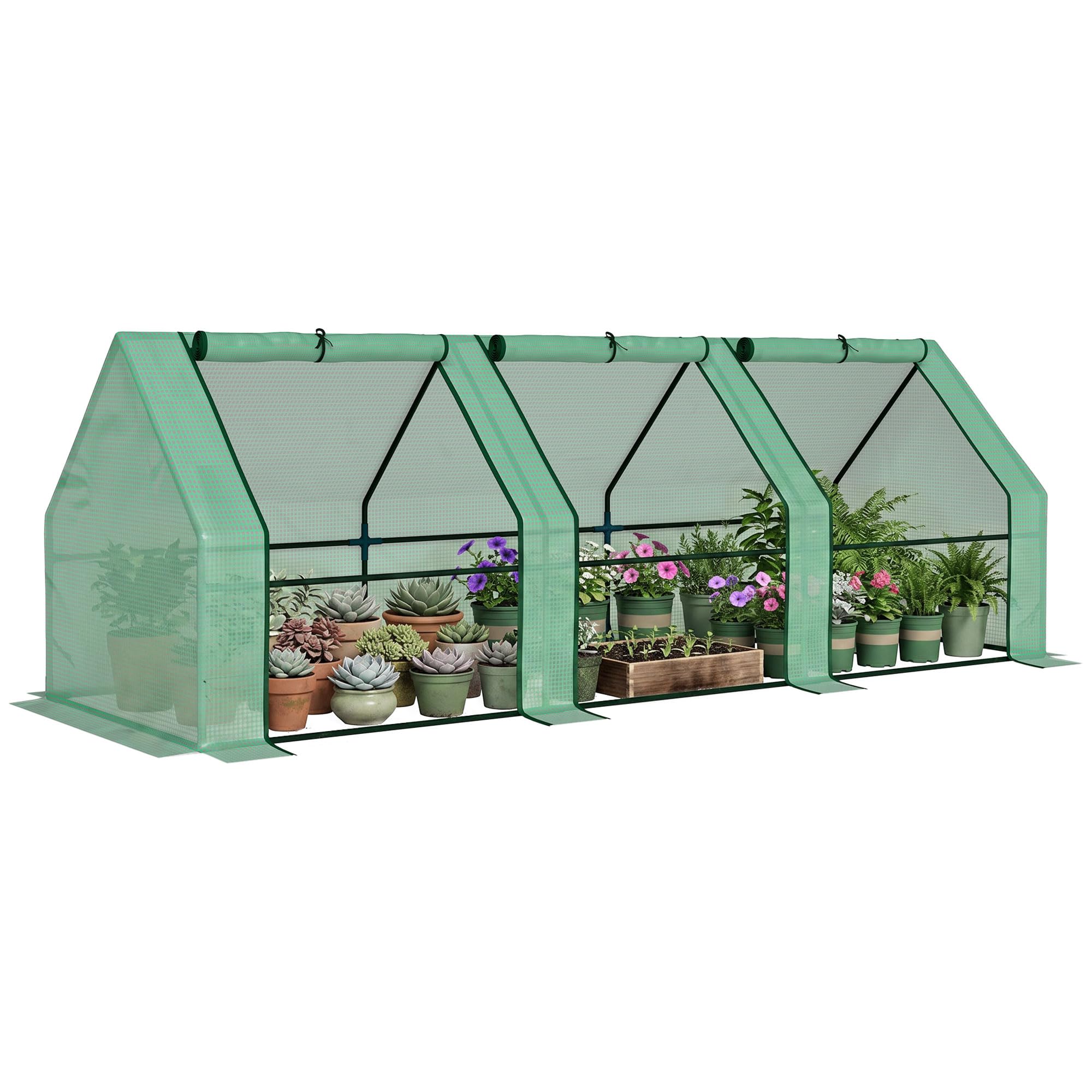 Outsunny 9' x 3' x 3' Mini Greenhouse with Zippered Doors & Roll-up Windows, Portable Plant Hot House with PE Cover, Water Resistant, UV Protected for Outdoor Flowers, Vegetables, Green