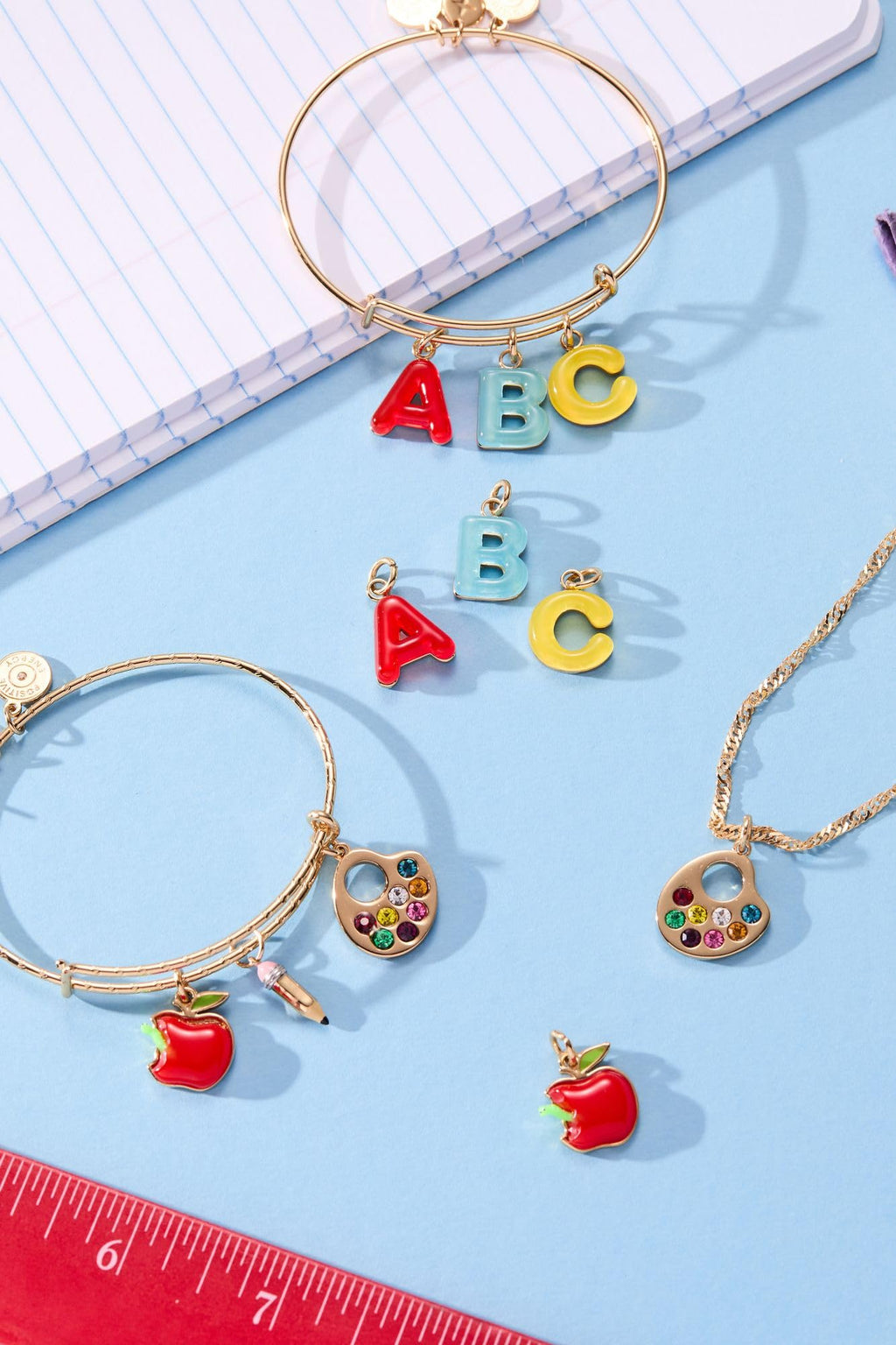 Alex and Ani Teacher’s Multi Charm Textured Bangle - School-Inspired Charms: Paint Palette, Pencil, Red Apple, Gold Finish, Cute Bracelets for Women, Easy Stack