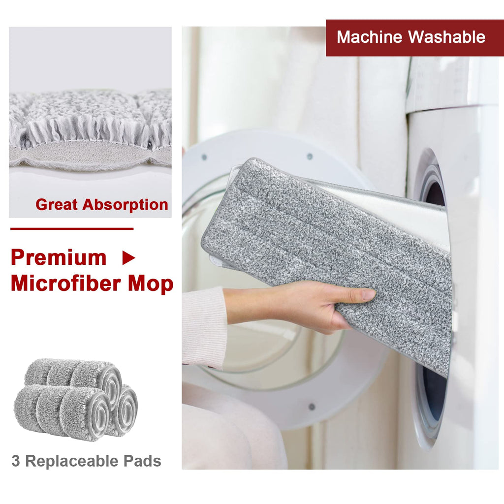 BOSHENG Hands-Free Mop and Bucket Set with 3 Washable Pads, Wet/Dry Floor Cleaning System, Red/Black