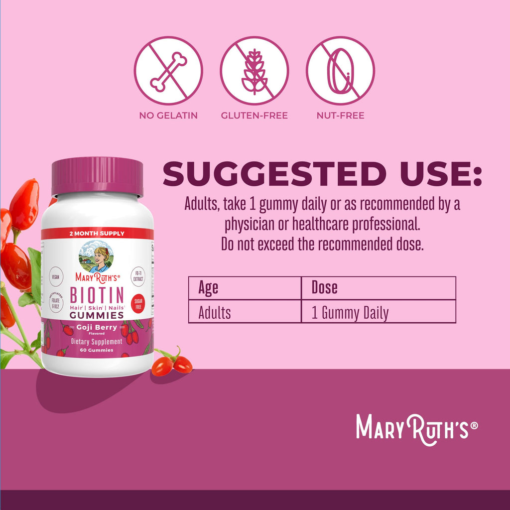 MaryRuth Organics Biotin Gummies | Sugar Free | Vegan | Non-GMO | 2,500 mcg Biotin Supplement | Hair Skin and Nails Vitamins | Hair Growth Vitamins | Hair Growth Supplement | 60 Count