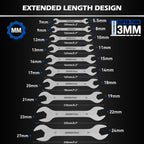 19-Piece Super Thin Open-End Wrench Set, SAE 1/4"-1-1/16" & Metric 5.5–27 mm, 3 mm Thickness Slim Wrench Set for Tight Spaces, Nickel Plated Flat Wrenches with Red & Blue Rolling Storage Pouches