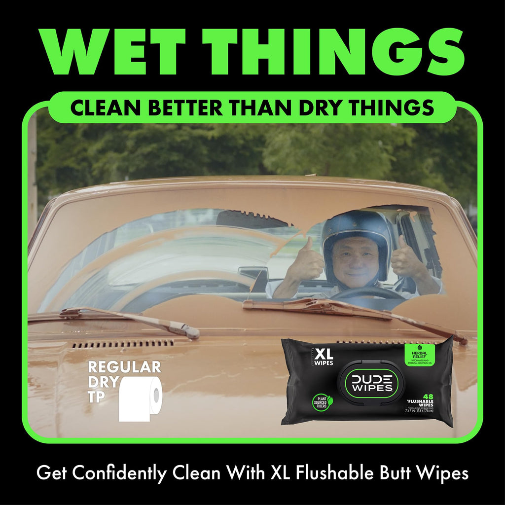 DUDE Wipes Herbal Relief Flushable Wipes - Extra-Large Adult Wet Wipes - 12 Pack (144 Count) - Infused with Soothing Witch Hazel, Geranium Essential Oils, Vitamin E, and Aloe - Septic and Sewer Safe