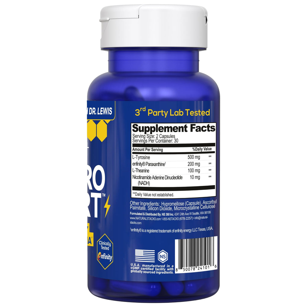 NATURAL STACKS NeuroAlert - 200mg Paraxanthine Energy Supplement - Caffeine Free Focus w/ 500mg L-Tyrosine & 100mg L-Theanine - 10mg NADH for Cellular Energy Support - 60 Paraxanthine Capsules