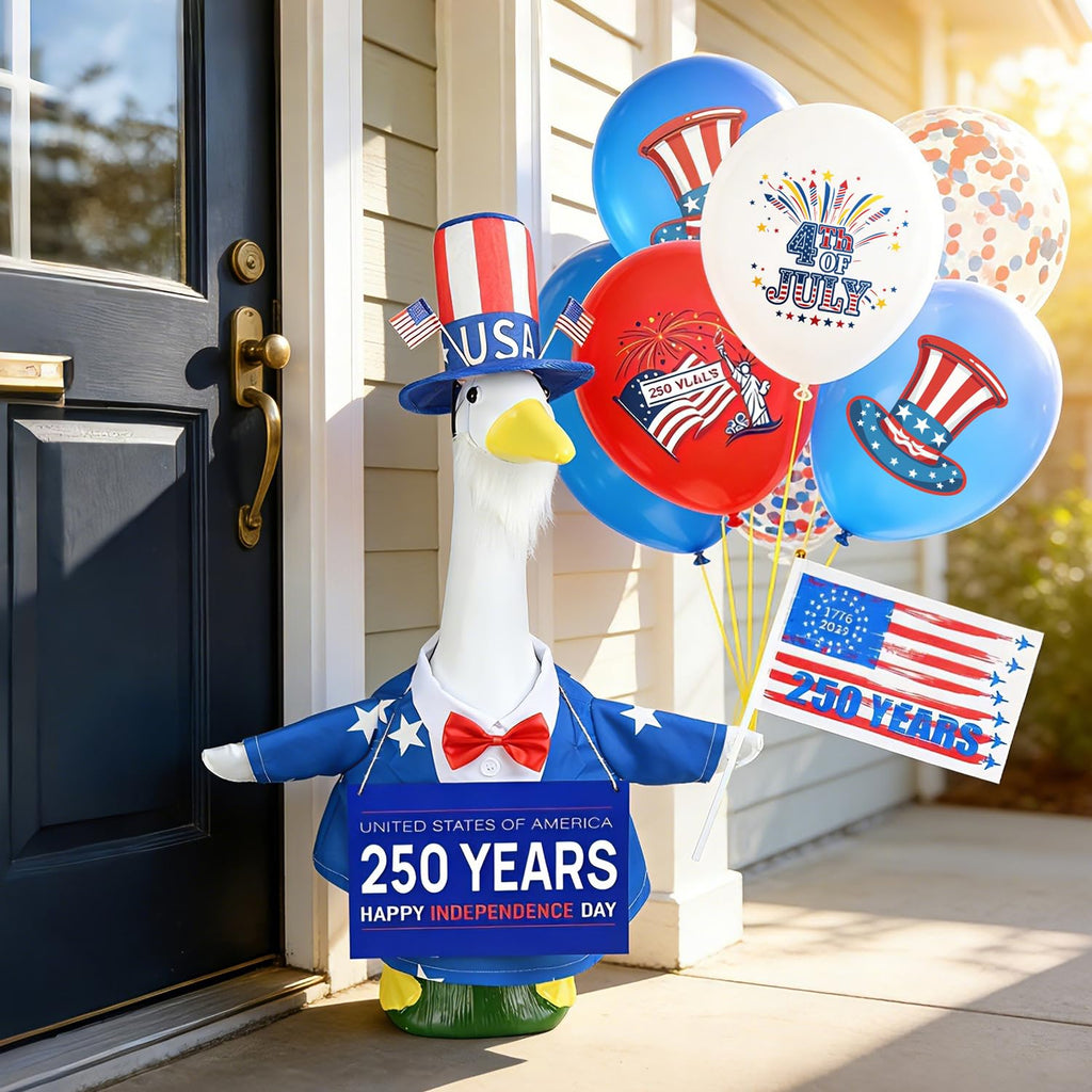 MOVINPE 4th of July Porch Goose Outfit, 250th Anniversary Patriotic Costume Set for 23'' Lawn Goose Statues – Door Sign, Dress Coat, Top Hat, Fake Beard, Flags & Balloons Uncle Sam Lawn Decor