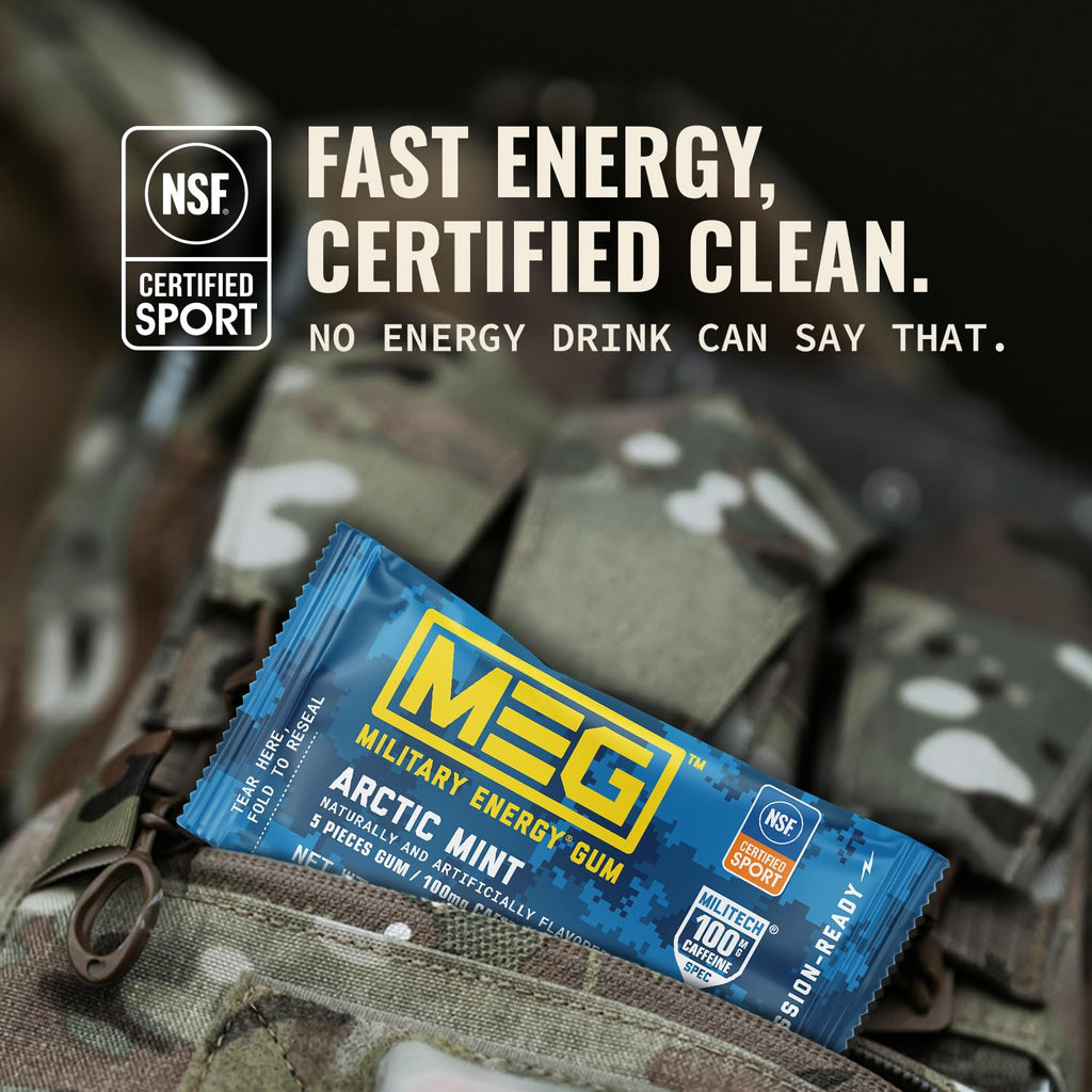 MEG (Military Energy Gum) - Arctic Mint | Enhance Your Physical Performance with 100mg of Caffeine Per Piece, Ultimate Energy Boost for Workouts, Alternative to Energy Drinks | NSF for Sport® Certified - Pack of 24