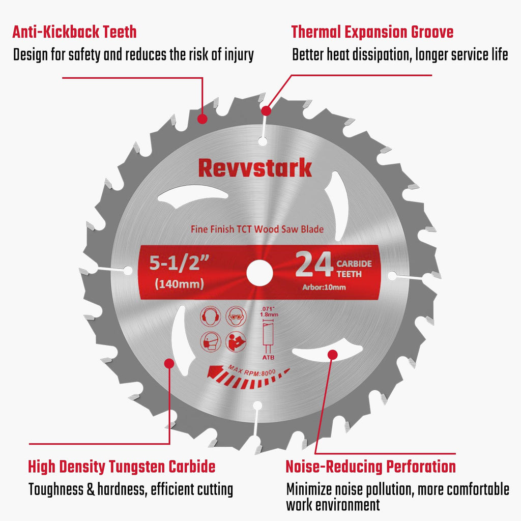 Revvstark 5-1/2" (10mm Arbor) Circular Saw Blades 24T&48T, Carbide Tipped Teeth, Heavy Duty TCT Saw Blades for Cutting Various Wood, Plastic and Composite Materials