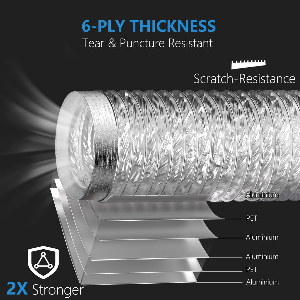 HOOMESUN Extra Thick Heavy Duty 4 inch 10FT Dryer Vent Hose, Flexible Insulated Duct Hose, (6-ply) Aluminum Foil HVAC Ducting Kit with 2 Clamps and 1 Tape