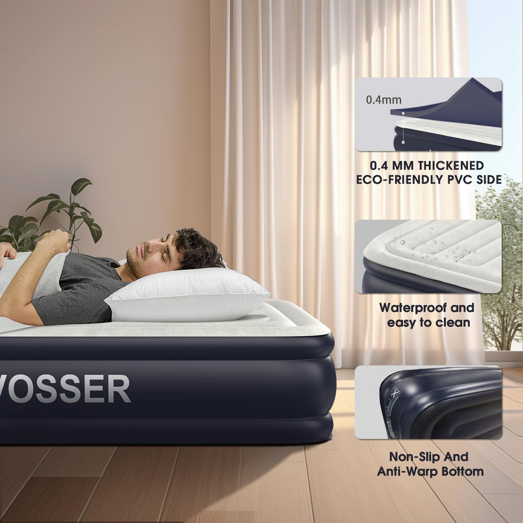 VOSSER Twin Air Mattress with Built in Pump Raised,18''Inflatable Mattress of Upgraded Vertical Beams,Self Inflatable Blow Up Mattress in 3 Mins,Flocked Top Airbed with Carry Bag for Home,Camping