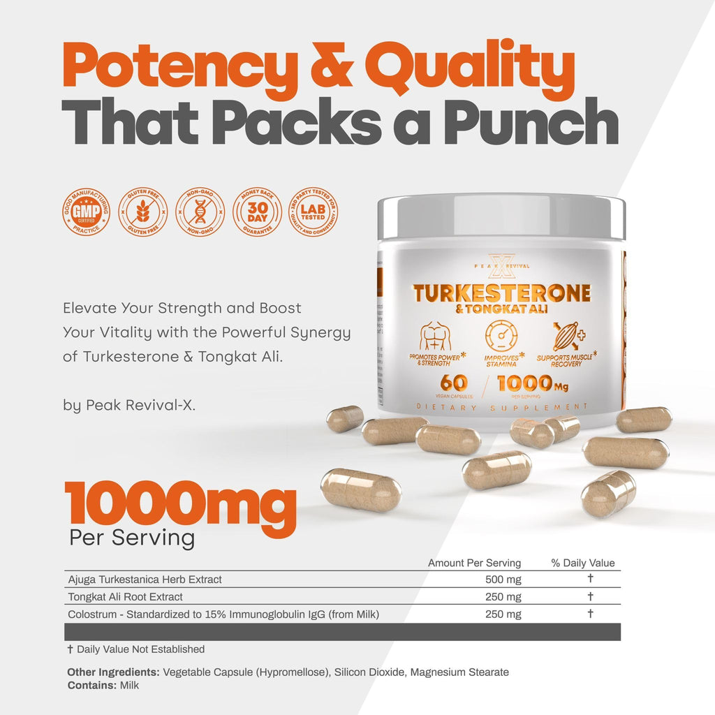 Peak Revival-X Turkesterone & Tongkat Ali Lean Muscle Growth & Recovery + Fadogia Agrestis Muscle Stack for Athletic Performance & Muscle Mass (60 Capsules)