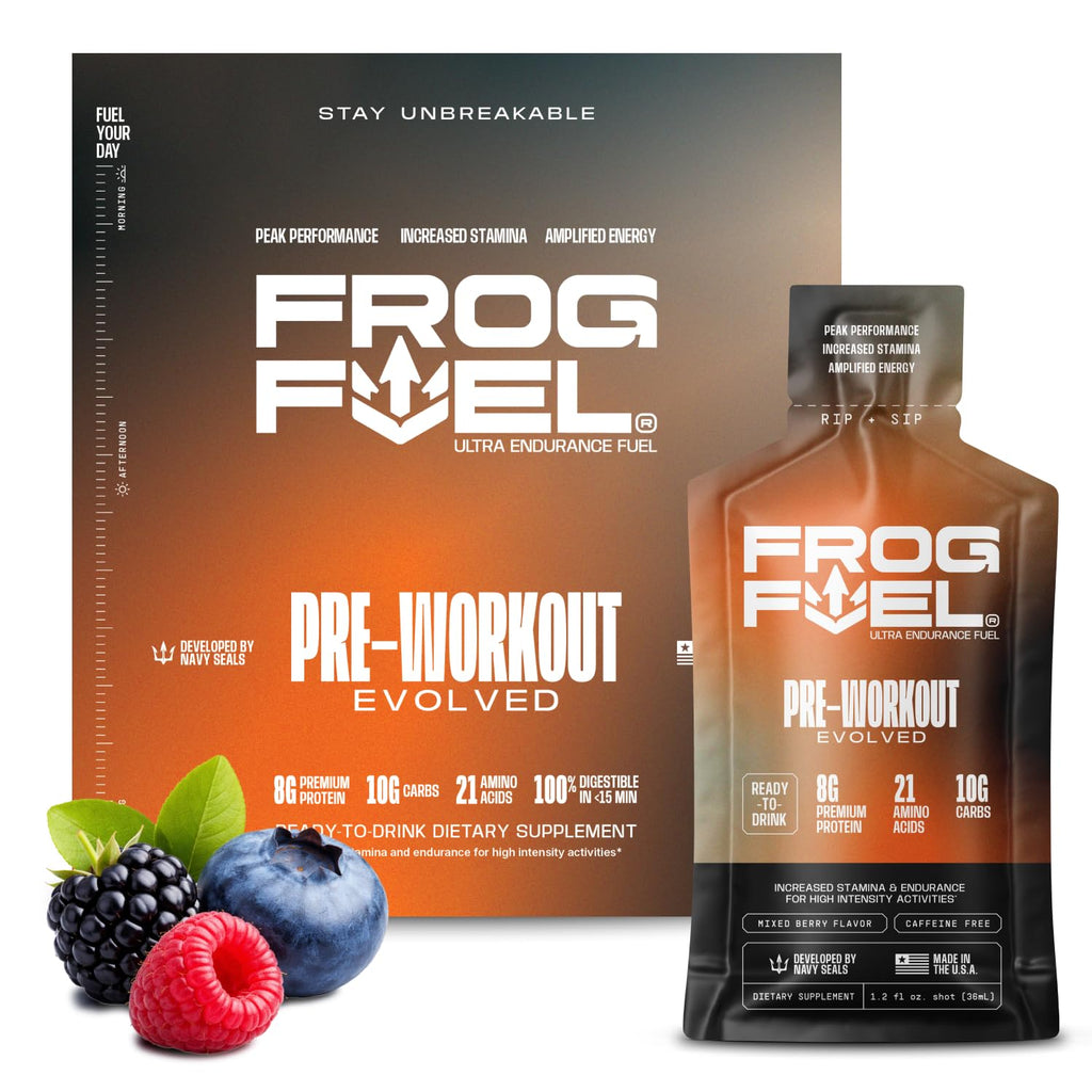 Frog Fuel Ultra Energy Gel & Pre Workout Shot with 1500mg Beta Alanine, Electrolytes 8g Protein Nano-Hydrolyzed Grass Fed Collagen, 10g Carbs, Gluten Free, Fat Free, Berry, 1.2 oz Packets, 24 Pack