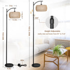 Arc Floor Lamp with Remote Control, Dimmable LED Floor Lamp with 3 Color Temperature, Black Standing Lamp with Rattan & Fabric Double Drum Shade, Boho Farmhouse Tall Pole Lamp for Living Room Bedroom