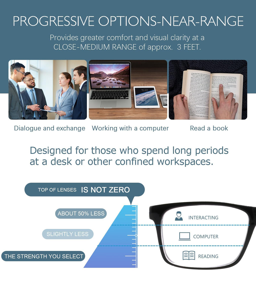 Missfive 2-Pack Mens Light Multifocus Progressive Reading Glasses Blue Light Blocking, Multifocal Spring Hinge No-Line Trifocal Readers Black Eyeglasses(Workspace For Near Range, +2.5)
