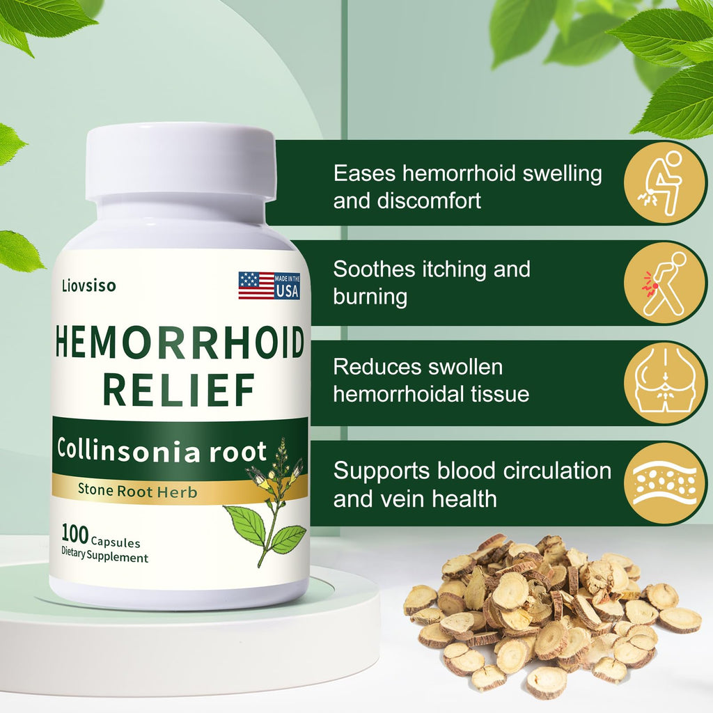 Liovsiso Collinsonia Root Hemorrhoid Relief - Organic Stone Root for Veins & Hemorrhoid Swelling, and Discomfort - Natural Herbal Formula, Non-GMO - 100 Capsules