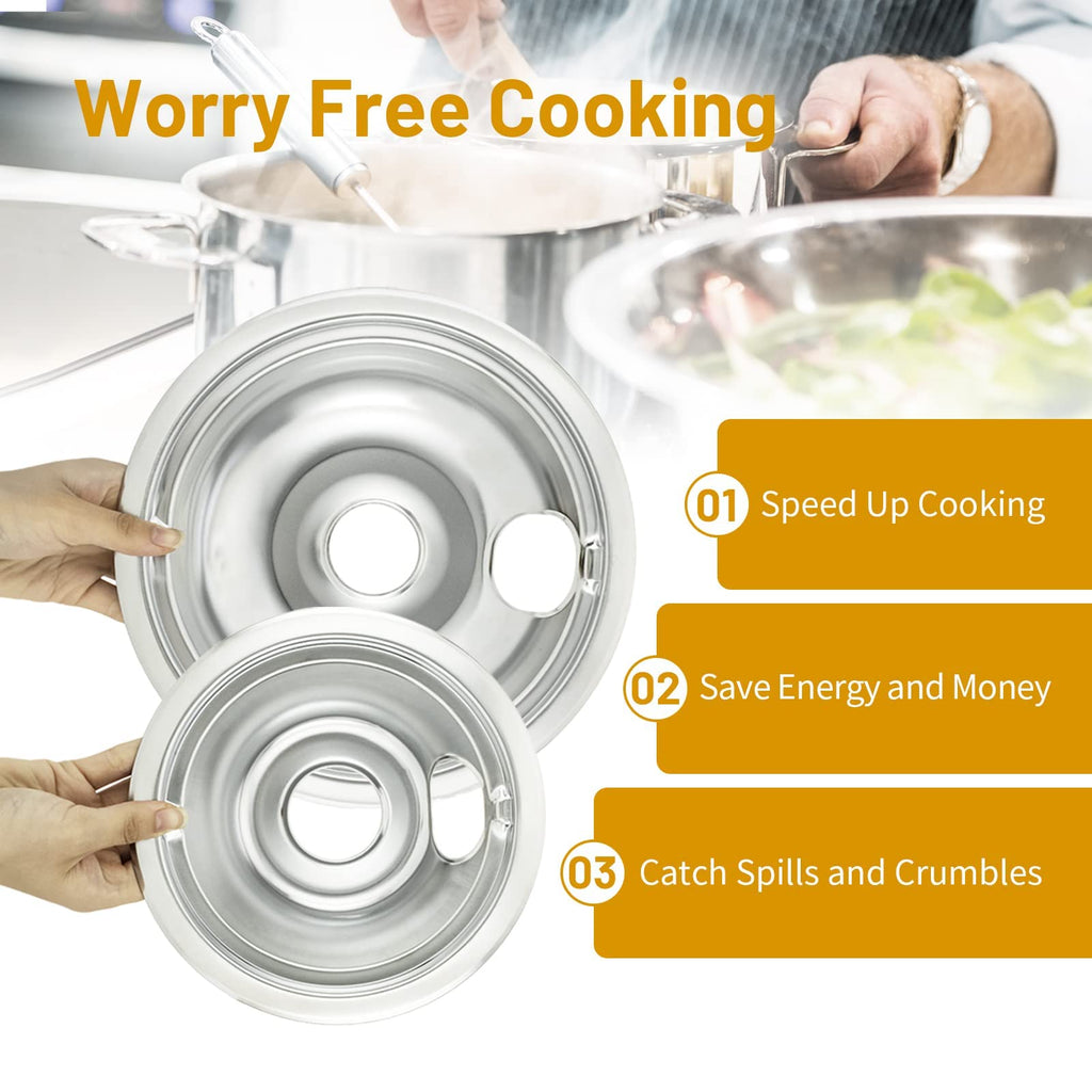 COZZIVITA 4-Piece Drip Pans Set - Compatible with GE Stoves - Chrome Finish Electric Stove Burner Drip Pans - 2 x 6inch, 2 x 8inch Stove Drip Pans - GE Stove Drip