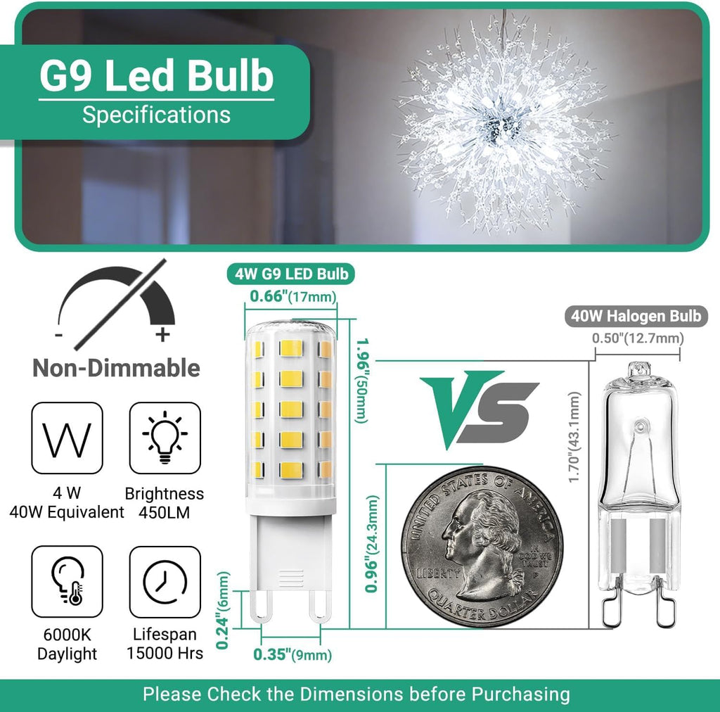 TJOY G9 LED Bulb 4W, 6000K Daylight 20 Pack, 40 Watt Eq, G9 Base, 120V