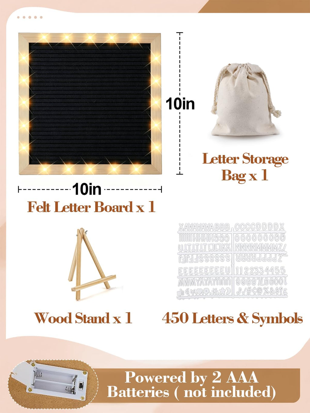 10"×10" Felt Letter Board with LED Lights & Stand for Halloween Party Decor