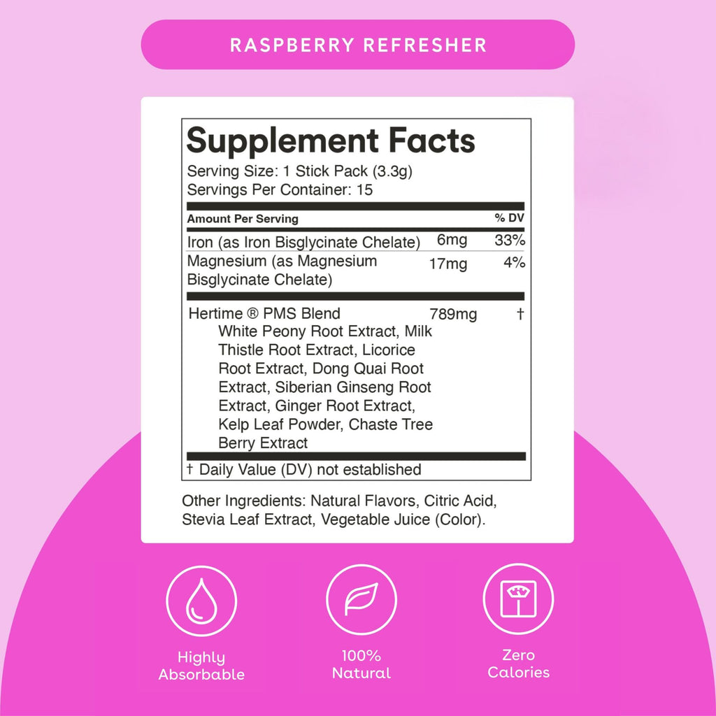 MIXHERS Hertime PMS - Supports a Healthy Menstrual Cycle - with Minerals, Peony Roots, Siberian Ginseng - Sugar-Free - 15 Drink Packets - Raspberry Lemonade