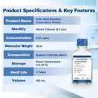 CryoKing 0.9% Normal Saline Solution, 0.1μm Filtration Sterilized Sodium Chloride Solution, Ready-to-Use Buffer for Lab Research Only, 500ml/Bottle, 2 Bottles/Case (1000ml Total)