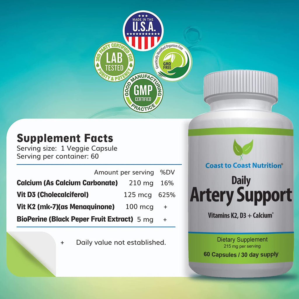 Coast to Coast Nutrition Artery Support - Artery & Circulation Supplements for Blood Flow – Vitamin K2 & D3 Blood Circulation Supplements for Men and Women - 60 Capsules