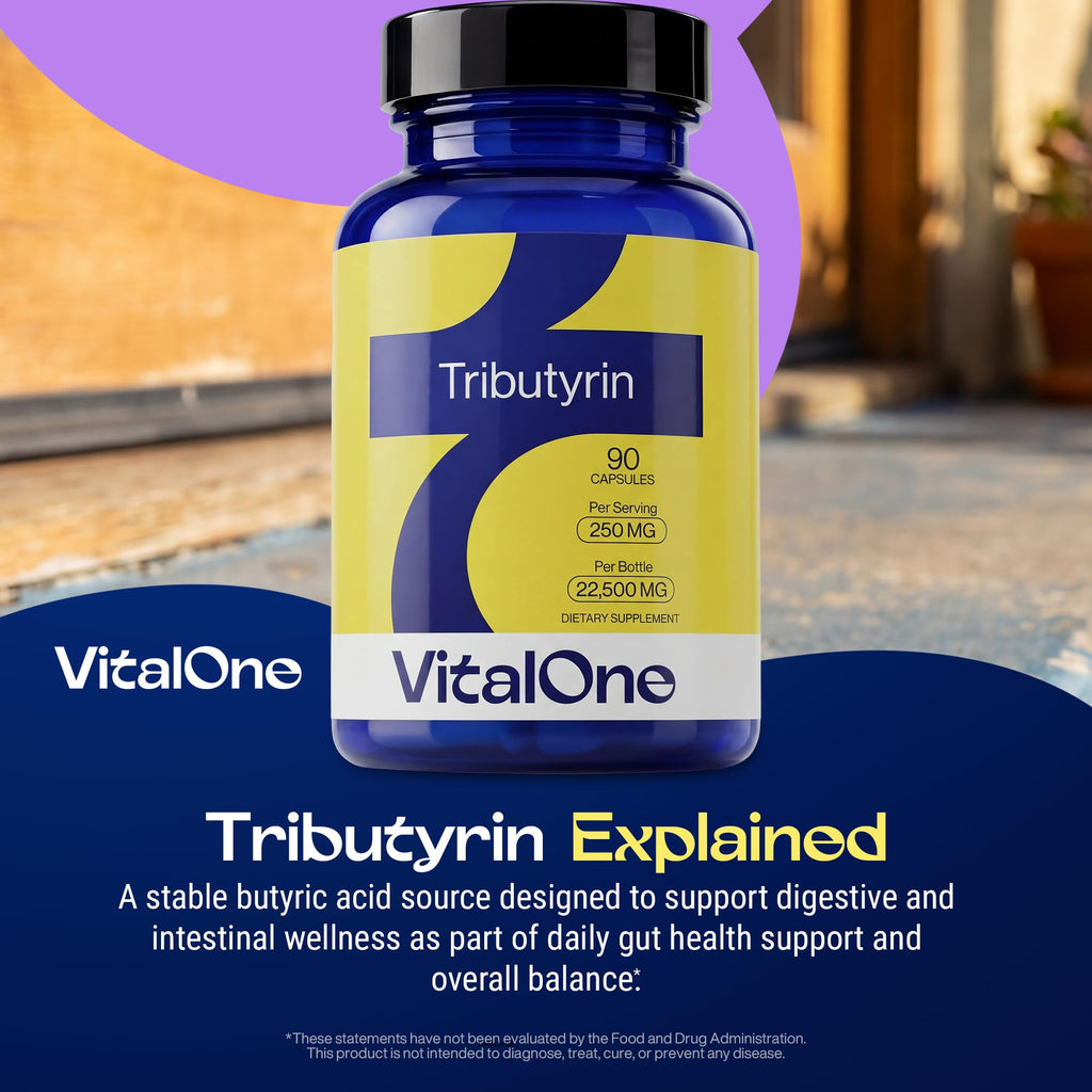 VitalOne Tributyrin 250 mg Supplement | Single Ingredient Butyrate Prodrug | Gut & Digestive Support | Clean Label | 1 Capsule Daily | 90 Capsules