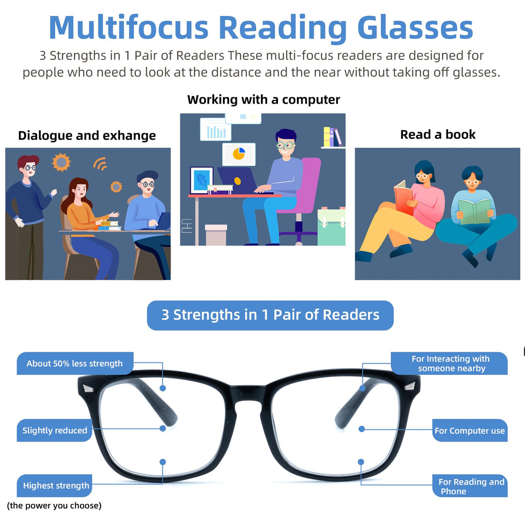FEIVSN 3 Pack Progressive Multifocus Reading Glasses for Women Men Multifocal Readers PC Frame Fixed Hinge Eyewear, +1.50