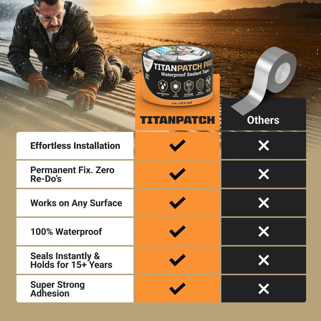 TITANPATCH PRO Waterproof Sealant Tape – White 4" x50' – Stops Leaks Fast & Stays Sealed for 15+ Years – Sticks to RVs, Roofs, Pools, Boats, Gutters – Built for Harsh Weather (-40°F to 190°F)