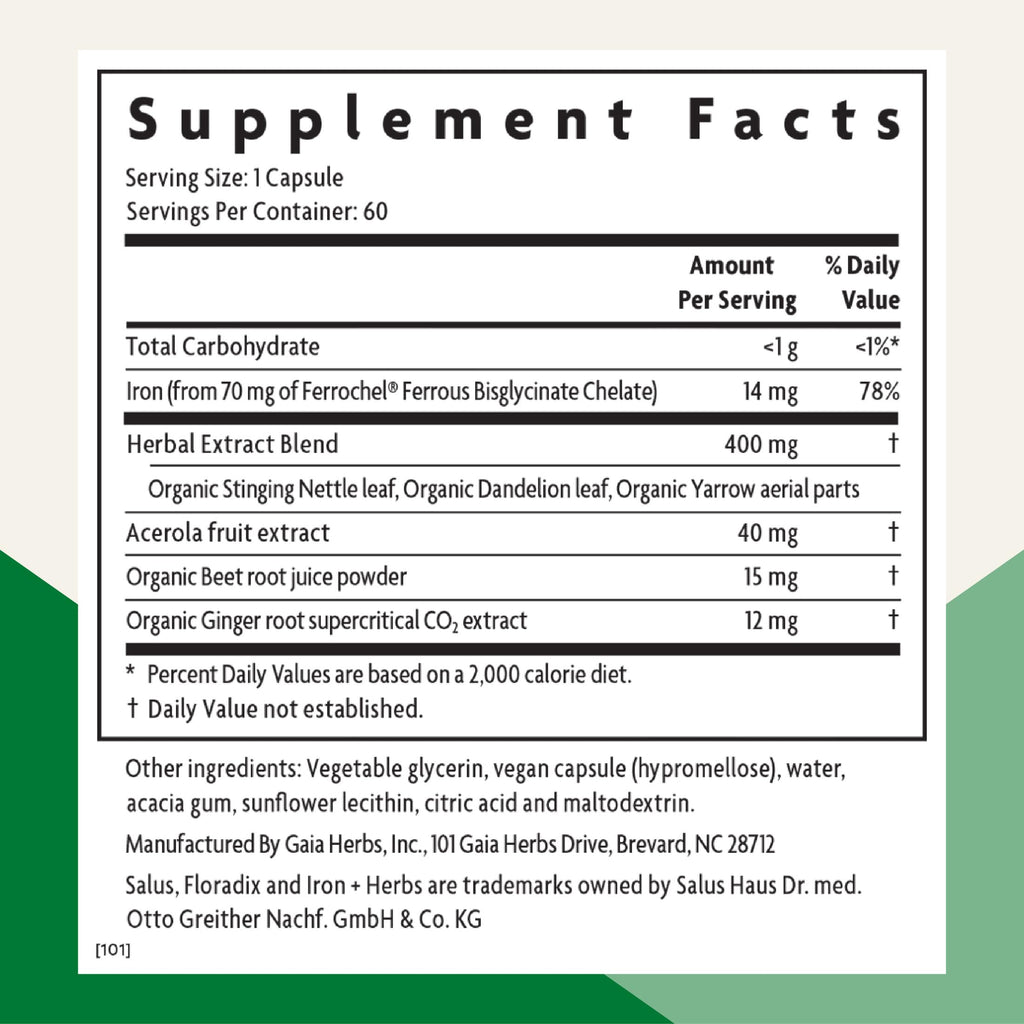 Floradix Iron + Herbs - Iron Supplement for Healthy Energy Support* - Supports Red Blood Cell Formation - Vegan, Non-GMO, Gluten-Free, Soy-Free - 60 Liquid Phyto-Caps