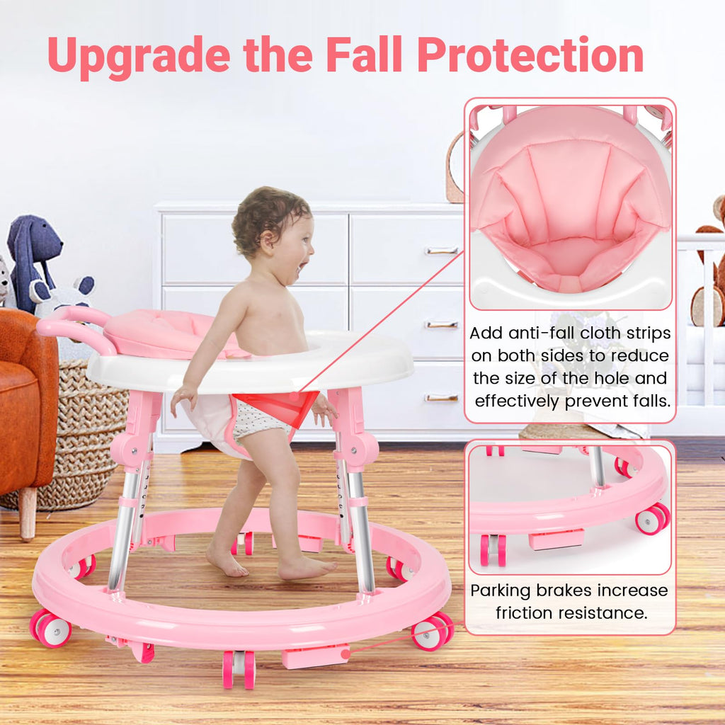 TreeCute Baby Walker Foldable with 9 Adjustable Heights, Baby Walker with Wheels Portable, Infant Toddler Walker for Baby Boy Girls 6-18 Months (Pink)