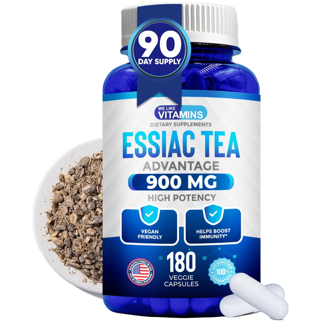 We Like Vitamins Essiac Tea Capsules - 180 Count Immune Support Supplement with Burdock, Sheep Sorrel, Slippery Elm & Turkey Rhubarb - Genuine Essiac Tea 900mg Daily Dose