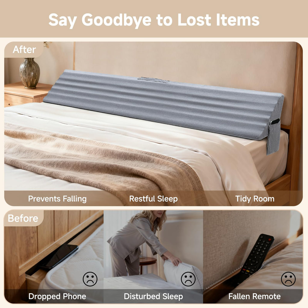 Queen Bed Wedge Pillow for Headboard Gap, Ergonomic Waves Bed Mattress Gap Filler(0-7") with High-Density Foam, Non-slip Bottom, Bed Gap Filler with Large Pockets & Washable Cover, Grey(60"x10"x6")