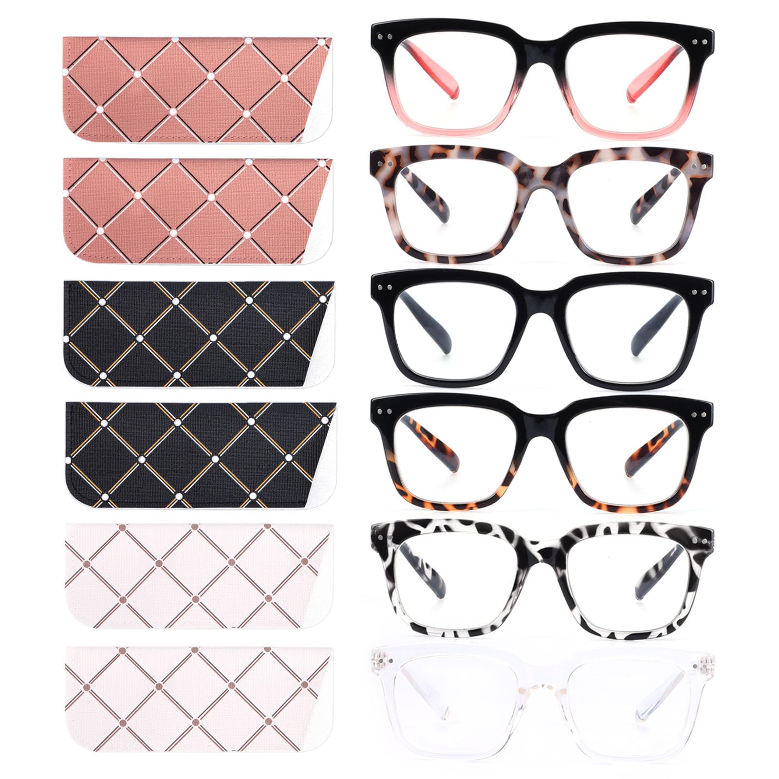 CHOFILORD 6 Pack Fashion Reading Glasses for Women Men Blue Light Blocking Oversized Square Readers with Spring Hinge (6 Pack Mix, 2.00)