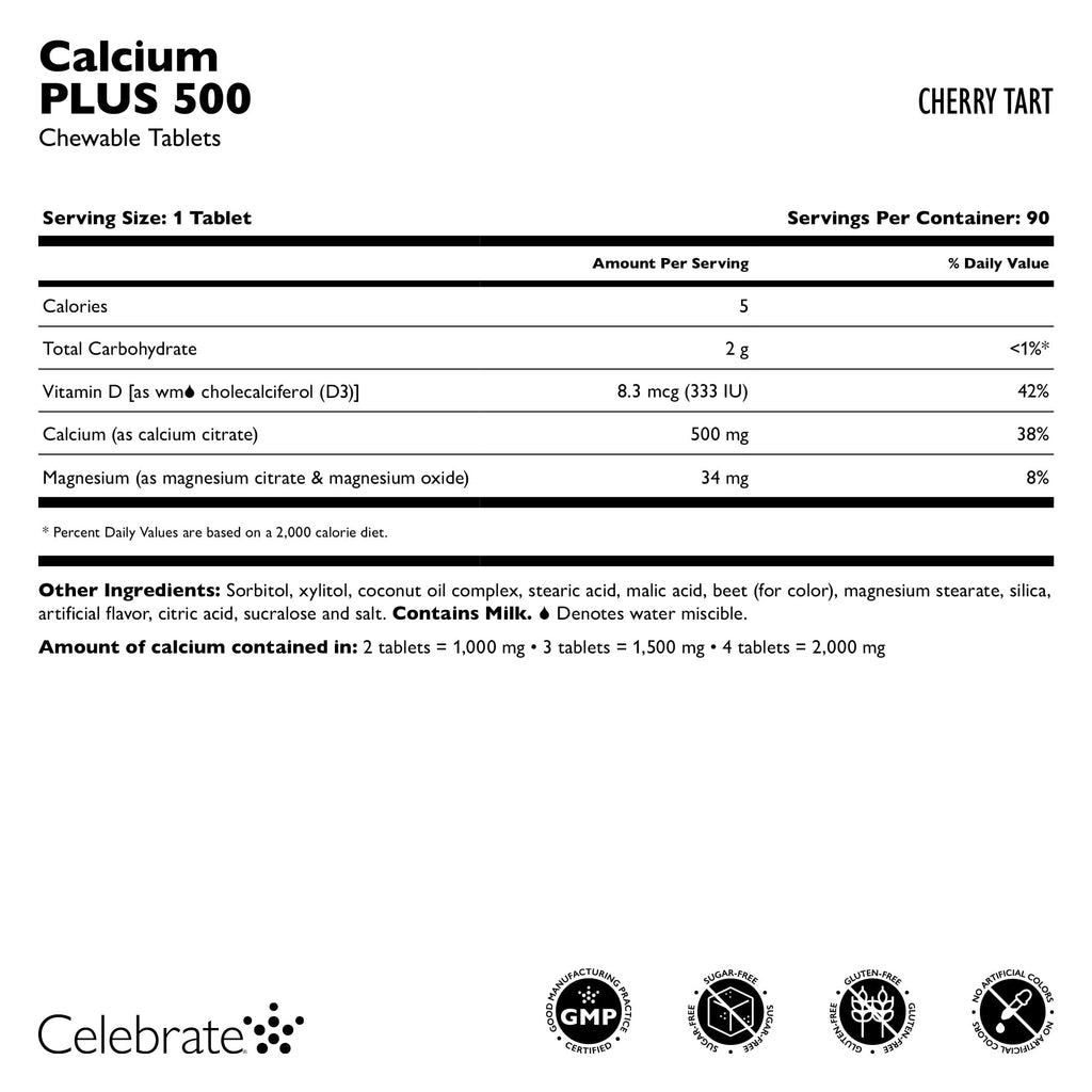 Celebrate Vitamins Calcium Plus - 500mg Calcium Citrate, 333 IU Vitamin D3 & 34mg Magnesium for Post Bariatric Surgery - Gluten-Free & Sugar-Free - Cherry, 90 Chewable Tablets