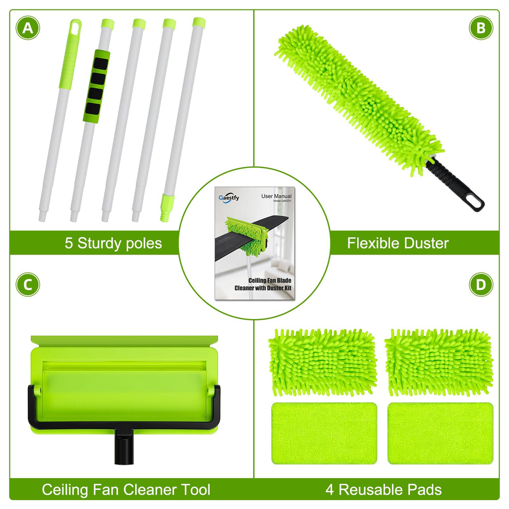 Ceiling Fan Cleaner Duster with 75'' Extension Pole, Flexible High Ceiling Fan Blades Cleaning Tool, Reusable Skinny Duster for Tight Spaces