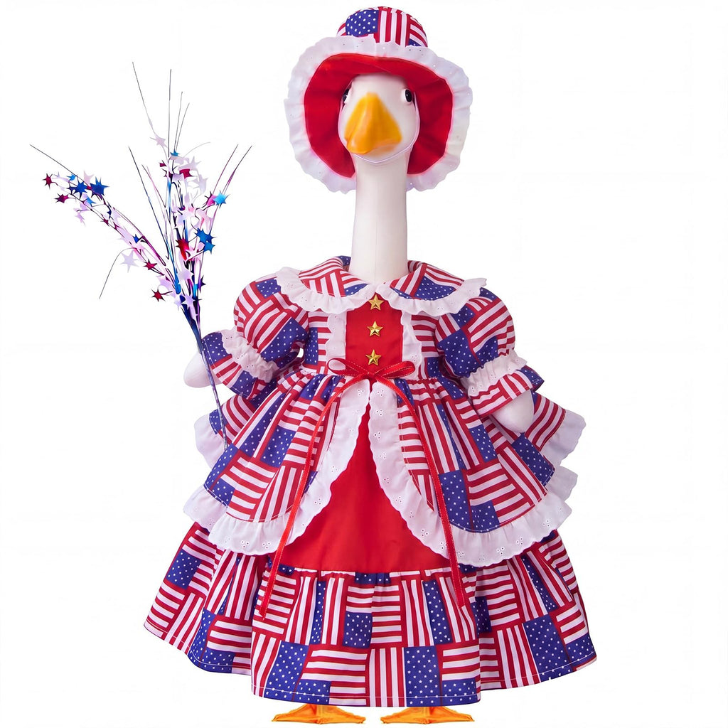 FuWeave 4th of July Porch Goose Outfit for 23'' Plastic Patriotic Cement Goose Statue Clothes Skirt Costume for Independence Day Outdoor Patio Yard Lawn Decor(Style3)