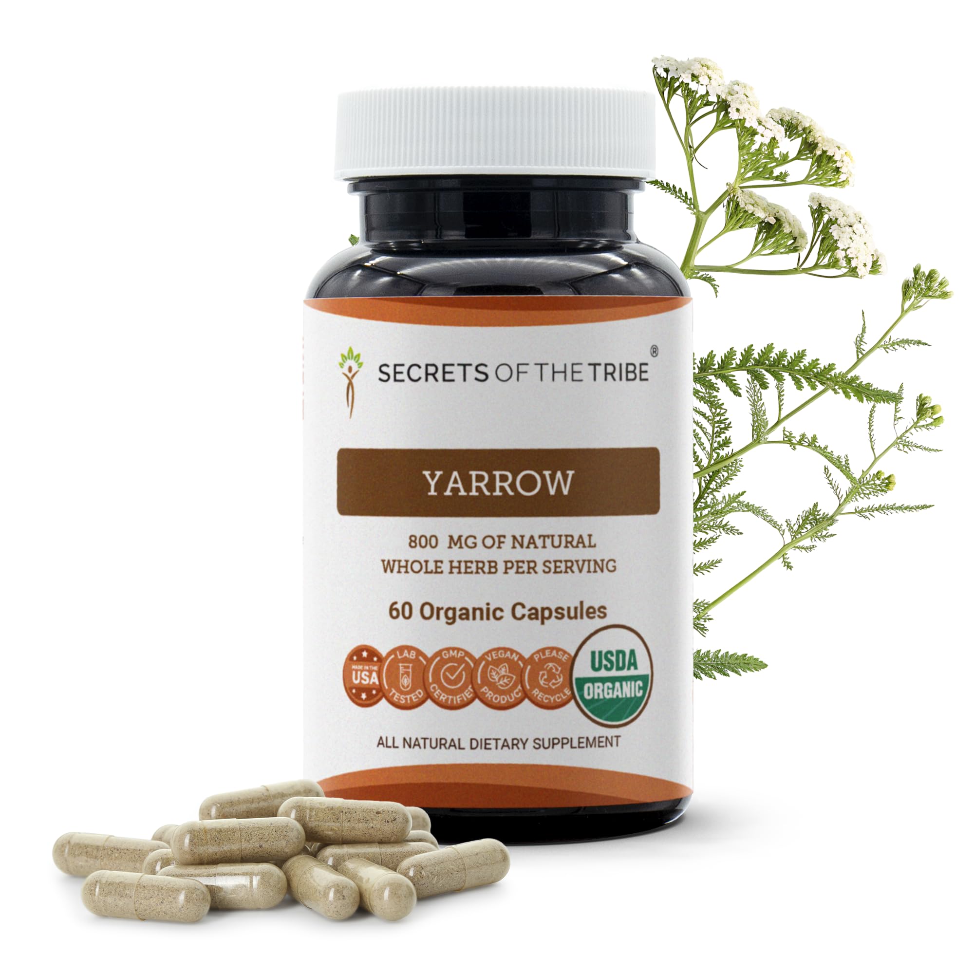 Yarrow 60 Capsules, Made with Vegetable Capsules and USDA Organic Achillea millefolium Soothes the Body/Stress Relief (60 Capsules)