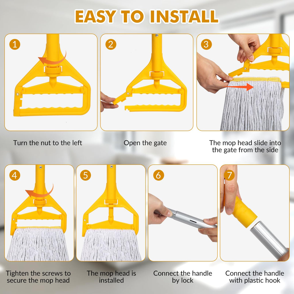 Commercial Mop Heavy Duty Industrial Mop- 3 Extra Large Cotton Looped Heads, 61" Aluminum Handle Mops for Concrete/Tile/Garage Floors-Home, Kitchen