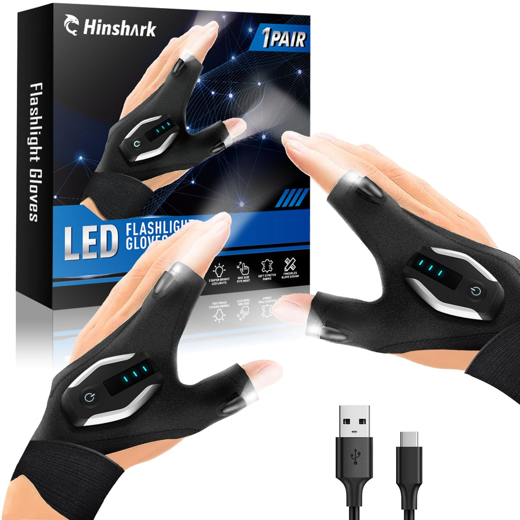 Hinshark Gifts for Men LED Flashlight Gloves, Anniversary Birthday Gifts for Men Dad Him Husband Boyfriend, Dad Gifts for Fishing Auto Repair, Camping Essentials Cool Gadgets Tools for Men