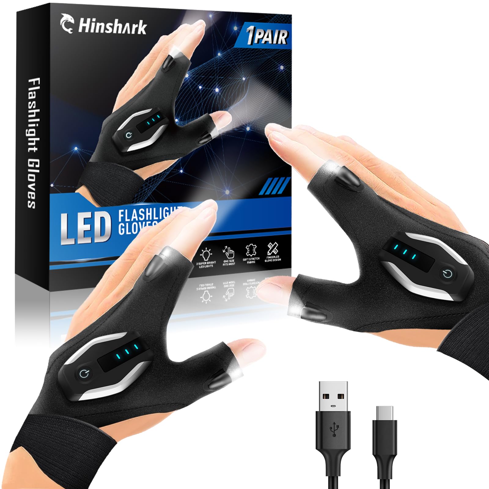 Hinshark Gifts for Men LED Flashlight Gloves, Anniversary Birthday Gifts for Men Dad Him Husband Boyfriend, Dad Gifts for Fishing Auto Repair, Camping Essentials Cool Gadgets Tools for Men