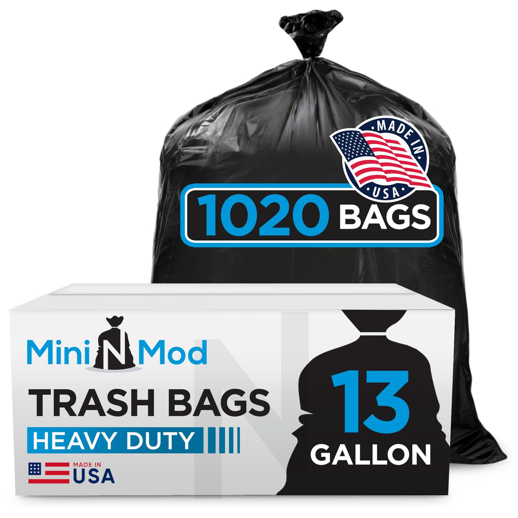 Black 13 Gallon Trash Bags – Bulk 1020 Count – Tall Kitchen Garbage Bags – 13 Gal Unscented Plastic Can Liners for Bathroom, Office, Janitorial, Commercial, Industrial, Municipal – Drawstring-Free
