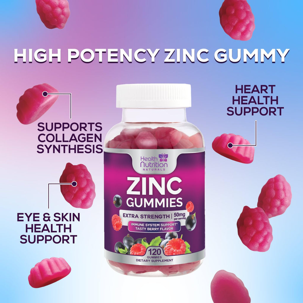 Zinc Gummies 50mg per Serving - Extra Strength Immune Support Antioxidant Gummy, Non-GMO & Gluten Free - Best Zinc Supplement for Skin Bone & Heart Health - Chewable Tasty Berry Flavor - 120 Gummies