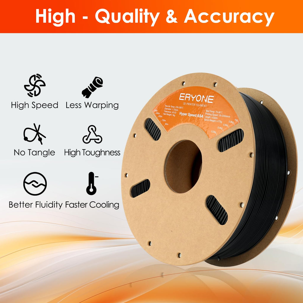 ERYONE High Speed ASA Filament for 3D Printer 1.75mm +/-0.03mm, Rapid ASA 3D Printing Filament, 30-200mm/s Hyper Speed ASA 1kg(2.2LBS)/Spool, Black