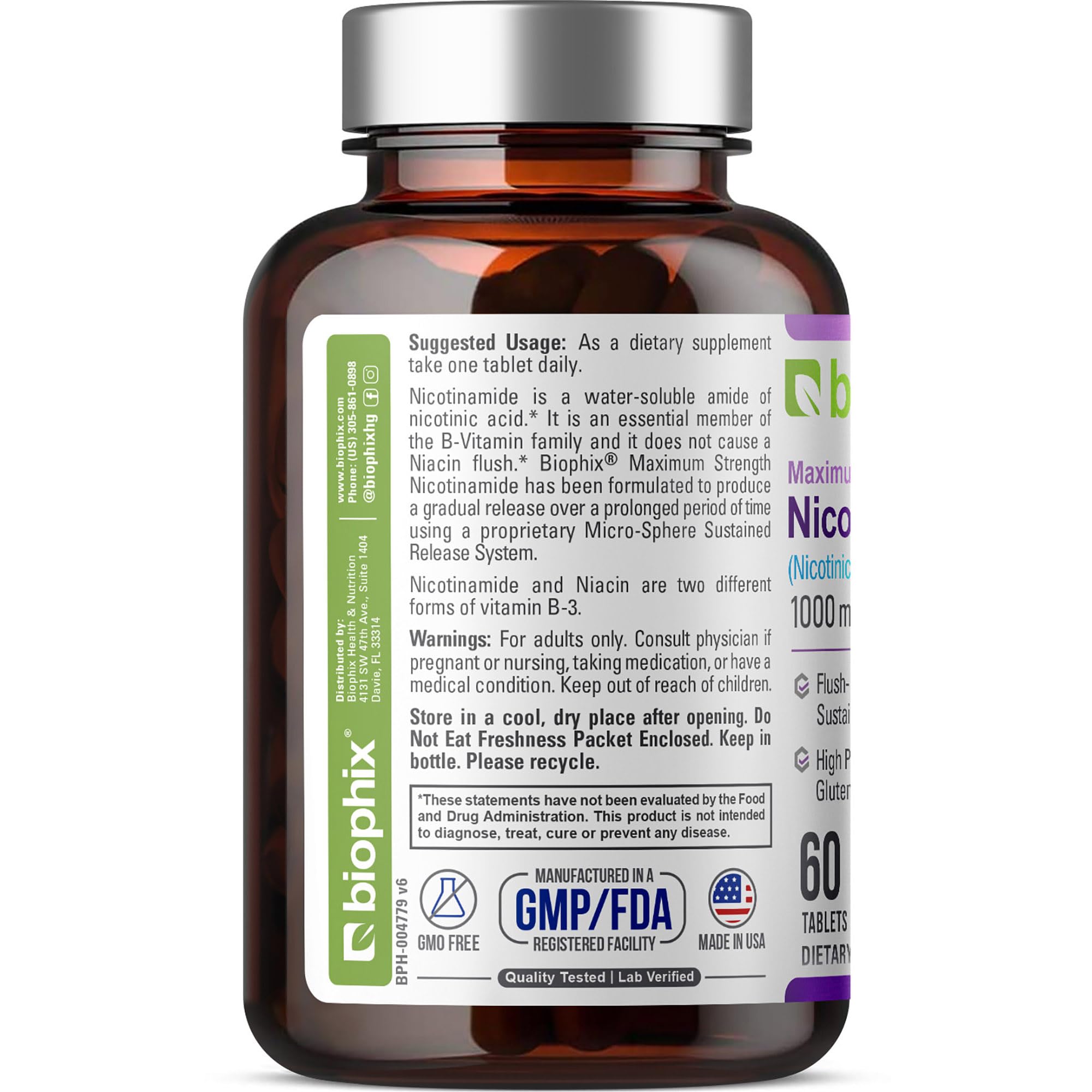 biophix B-3 Nicotinamide 1000 mg 60 Tablets Extra Strength Timed Release - Nicotinic Amide Niacin Natural Flush-Free Vitamin Formula - Supports Skin Cell Health